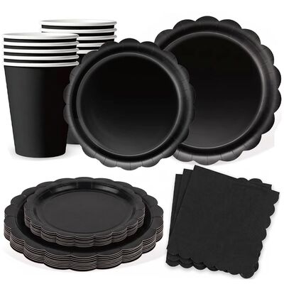 Elegant Black Scalloped Edge Paper Plates Cups Napk Tableclo