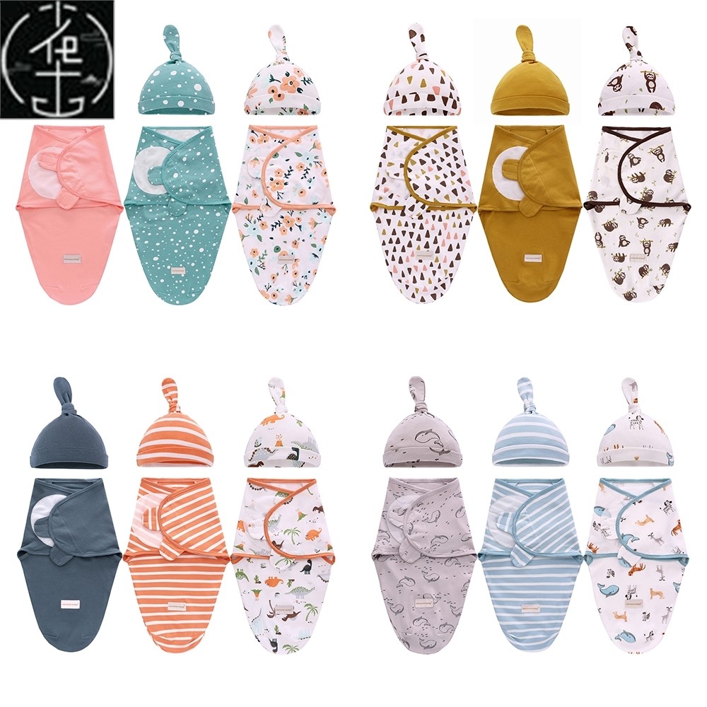 Newborn Swaddle Wrap + Hat Cotton Baby Receiving Blanket Bed