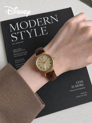 Disney Retro Watch Women's Leather Strap Watch Niche Light Luxury High-Value Small Round Watch Versatile Quartz Watch Gift