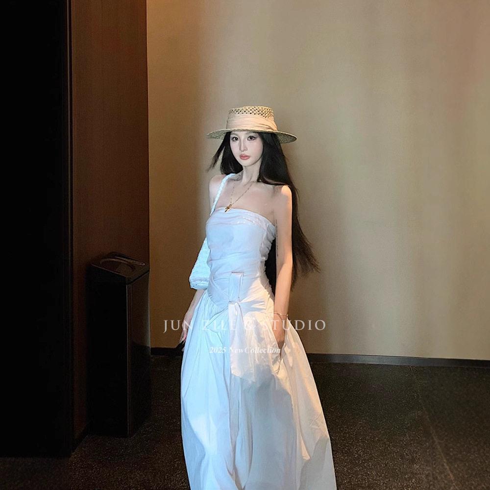 长裙抹胸连衣裙女级感气质度假风夏装韩系慵懒不规则绑带花苞裙