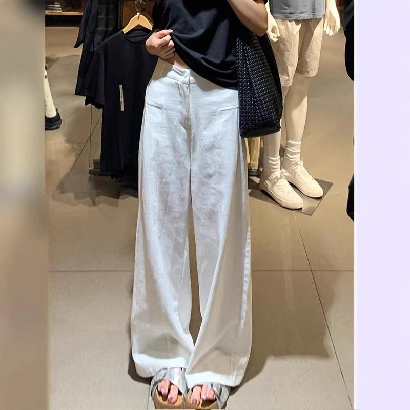 白色亚麻阔腿裤女春夏2026新款腰宽松bf慵懒休闲纱麻西装长裤子