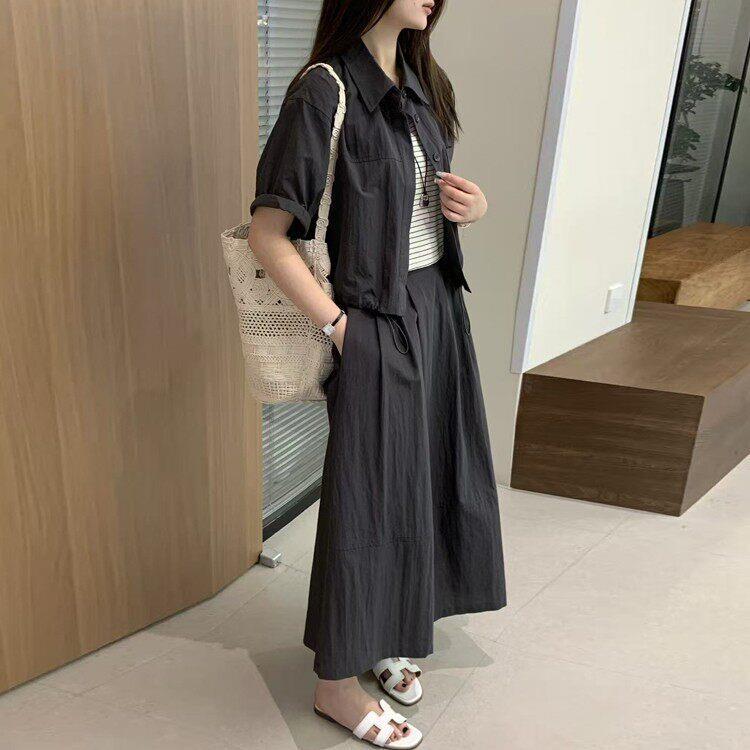 韩系工装翻领短袖衬衫半身裙套装女2026夏宽松显瘦条纹背心三件套