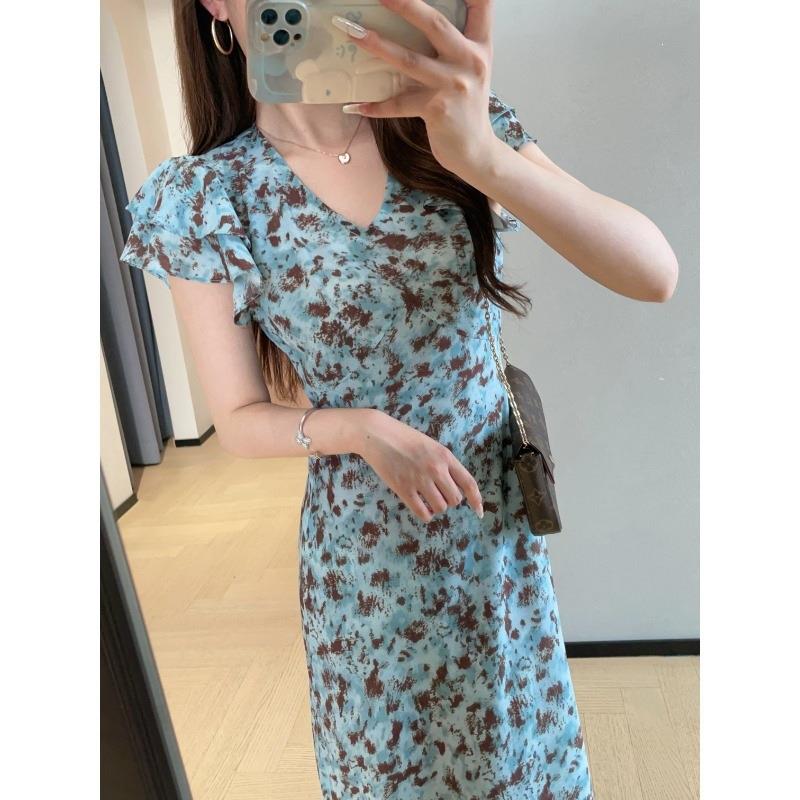 雾霾蓝水墨晕染印花鱼尾裙中长款荷叶袖连衣裙女2026新款H052616