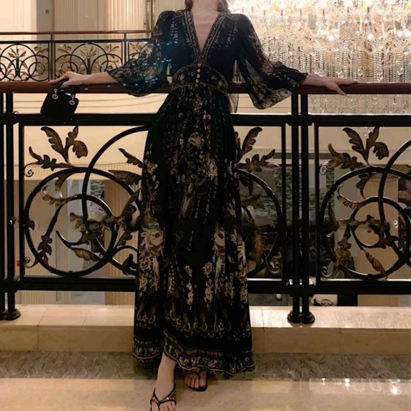 绝美不撞款长裙波西米亚海边度假黑色v领长袖印花连衣裙子女夏季