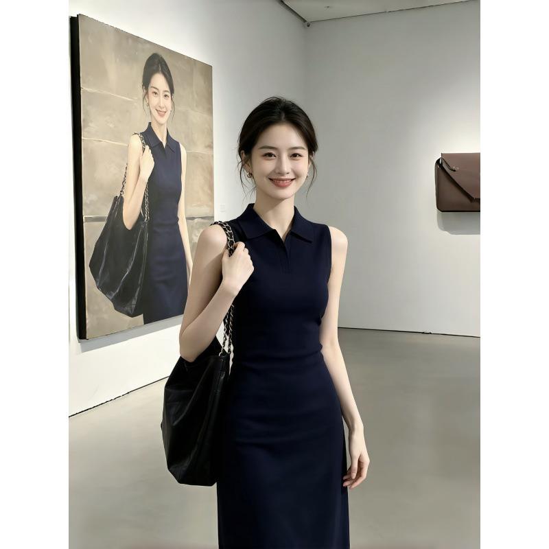 韩系轻奢风精致无袖藏青连衣裙女装夏季新款修身型高腰包臀长裙子
