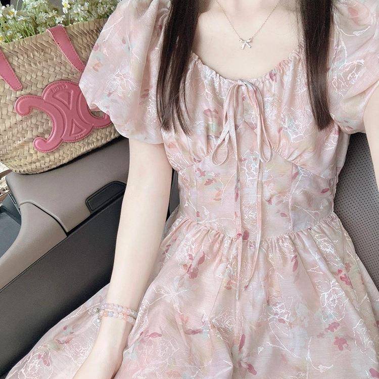 法式粉色碎花连衣裙女夏2026新款小个子高级感漂亮掐腰雪纺长裙