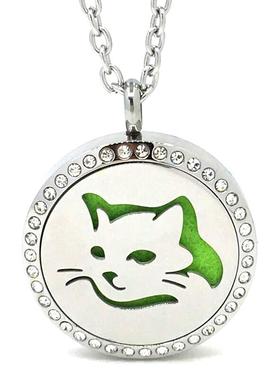 30MM钛钢镂空香薰精油扩香项链带钻吊坠锁骨链猫咪young living