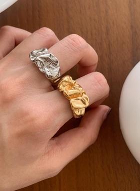 韩版S925镀银褶皱肌理戒指女复古个性熔岩开口指环创意食指戒潮