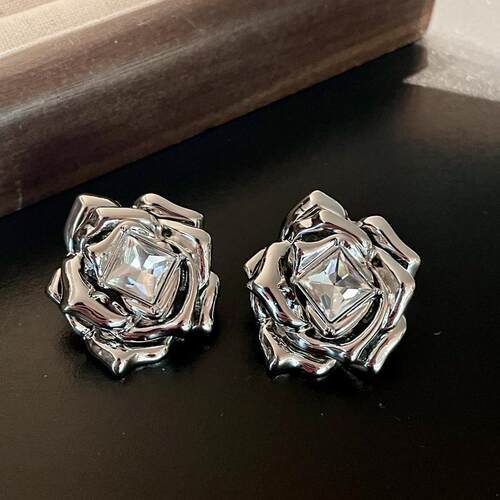 摇滚玫瑰银色立体复古金属花朵耳环重工镶钻中古典优雅玫瑰花耳钉