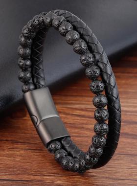 电商天然石火山石皮革手链 石头珠子真皮编织多层皮手链 L19126