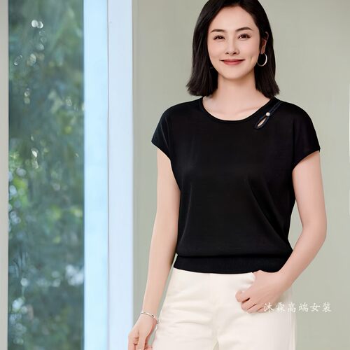 沐紫霖2026夏季新大码显瘦宽松莱赛尔天丝针织衫女上衣t恤93539S