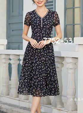 隆穈丝2025夏季新款台湾纱料凯永连衣裙女装显瘦气质妈妈装7752