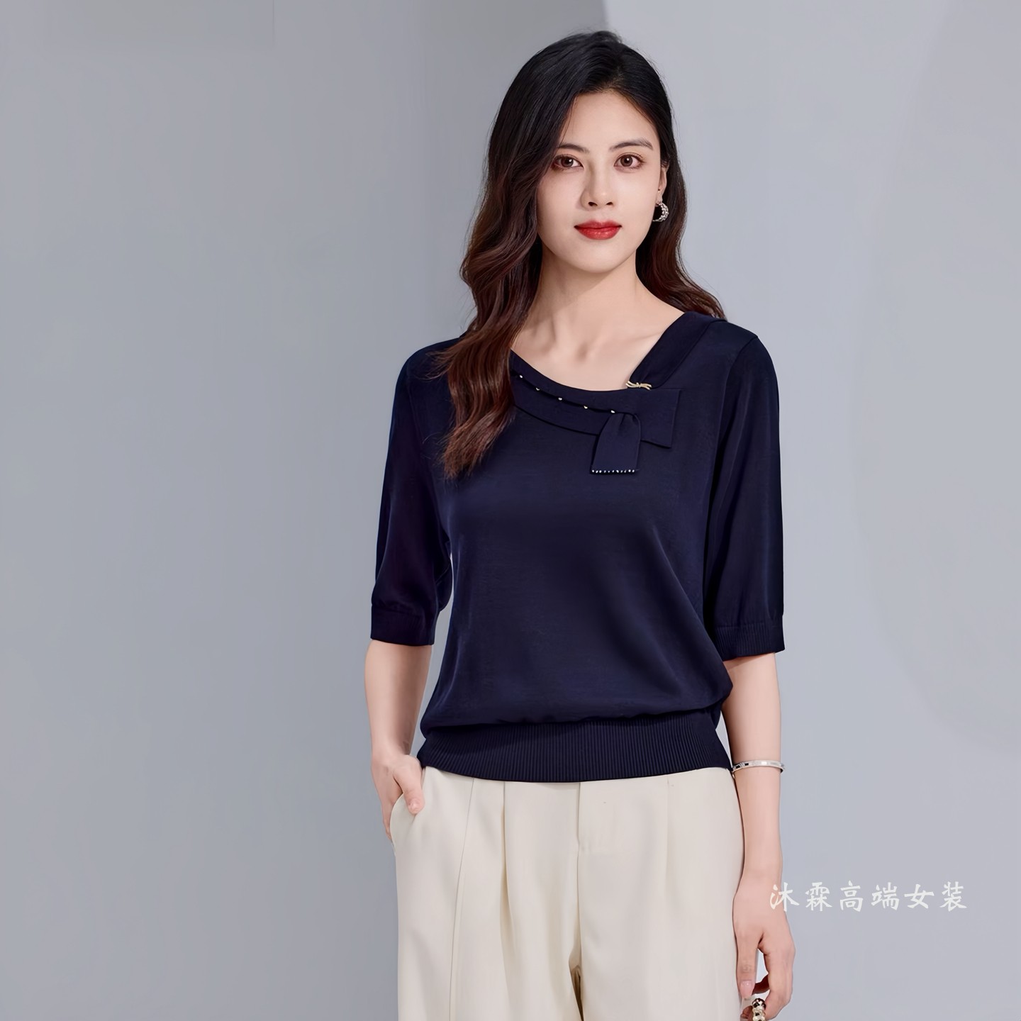 沐紫霖2026秋冬新大码显瘦宽松莱赛尔天丝针织衫女上衣t恤103329