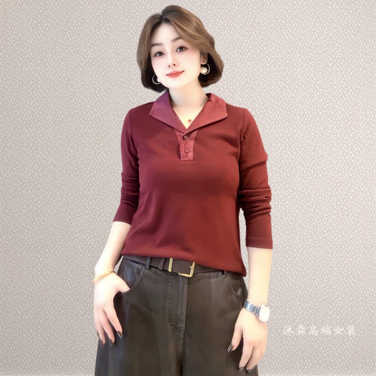 斐斐2026秋冬新款宽松大码修身显瘦气质女打底衫百搭上衣T恤7719