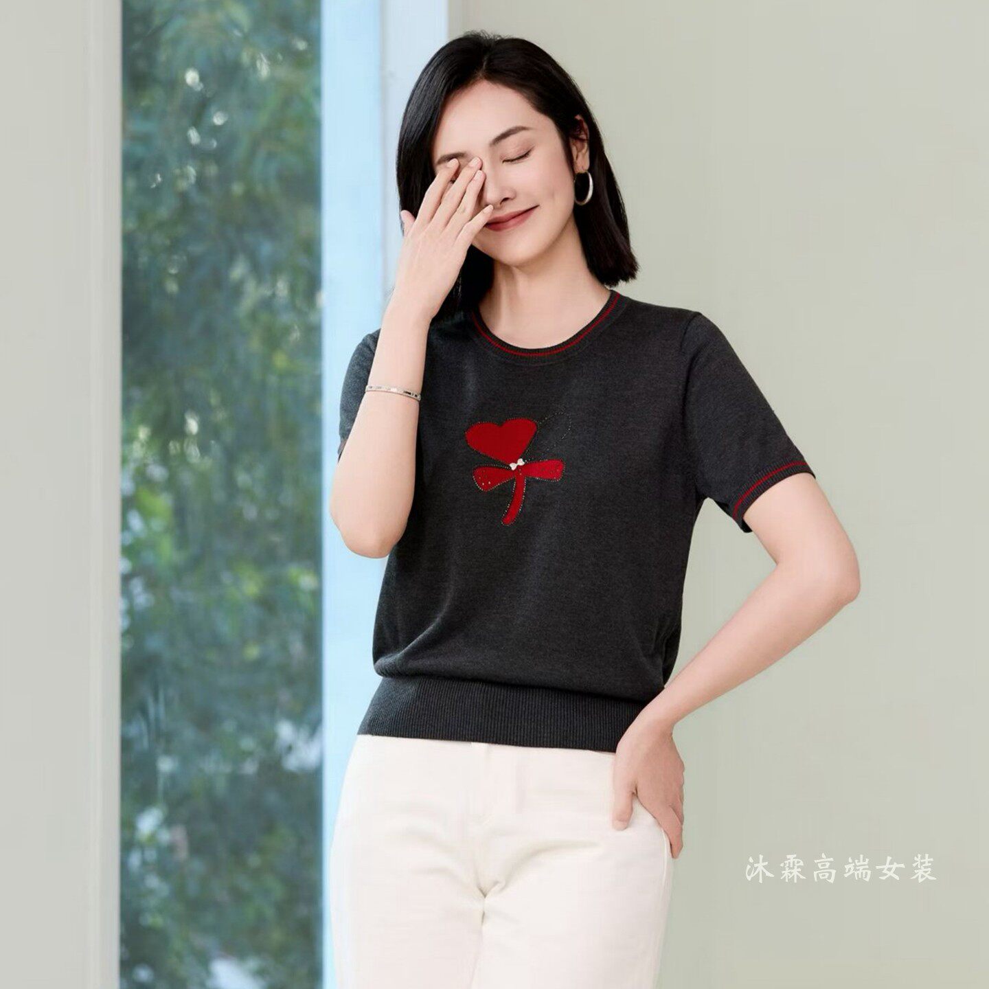 沐紫霖2026夏季新款大码显瘦宽松莱赛尔天丝针织衫女上衣t恤93359