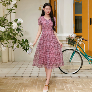 凯永2026夏季新款台湾纱料连衣裙隆穈丝女修身显瘦气质妈妈装7083