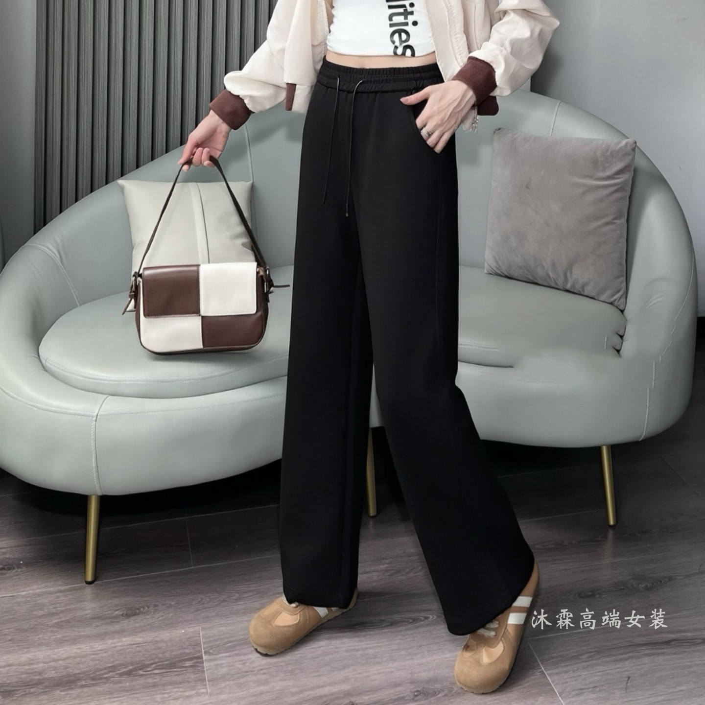 雅姿赏色珊瑚花2025秋冬新宽松大码修身显瘦胖M休闲直筒女裤49004