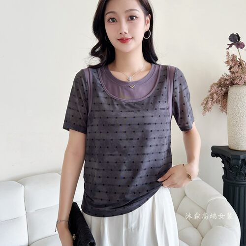 雅姿赏色珊瑚花2026夏季新款上衣大码显瘦宽松修身百搭t恤衫81021