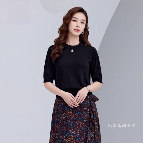 沐紫霖2026秋冬新大码显瘦宽松莱赛尔天丝针织衫女上衣t恤103323