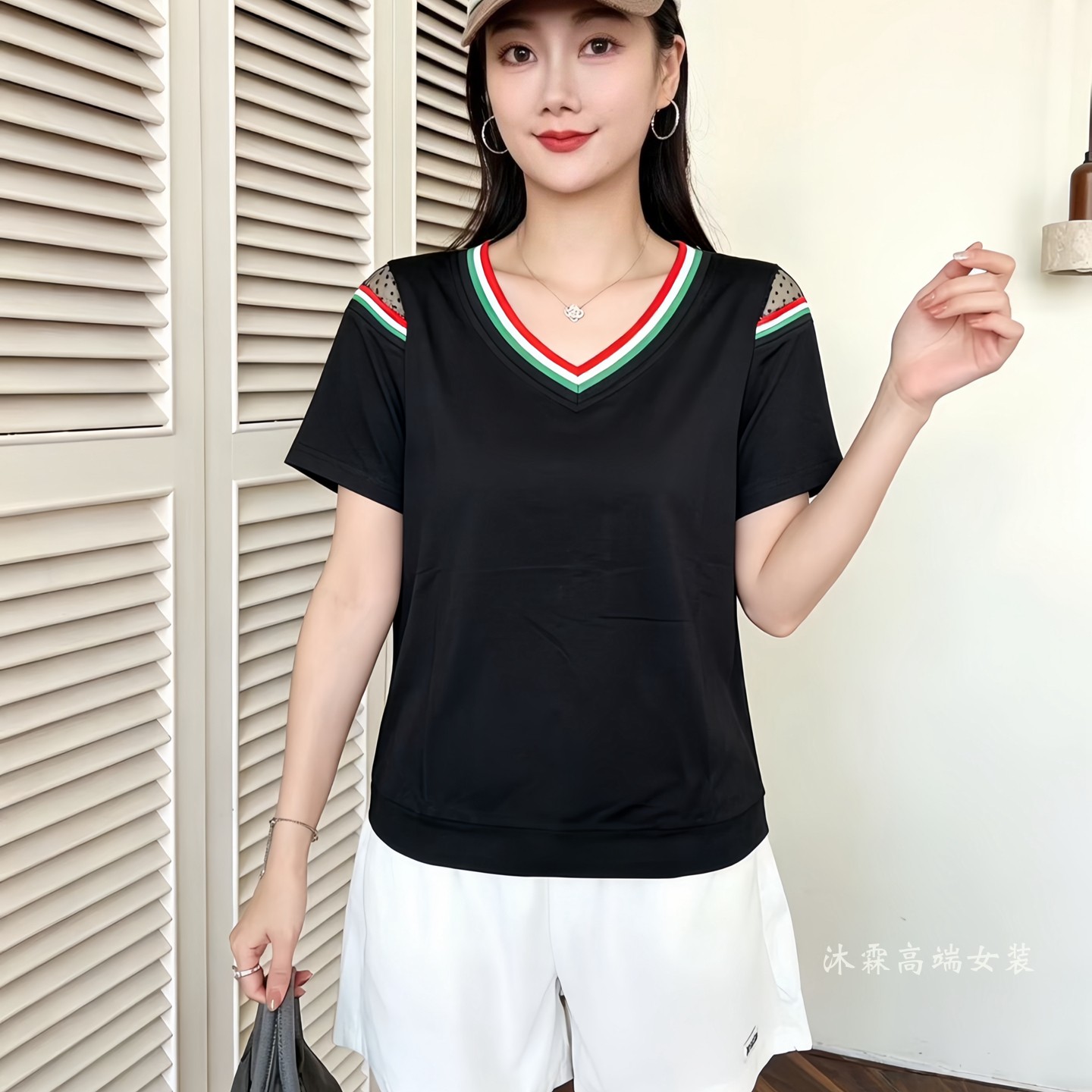 雅姿赏色珊瑚花2026夏季新款上衣大码显瘦宽松修身百搭t恤衫85038