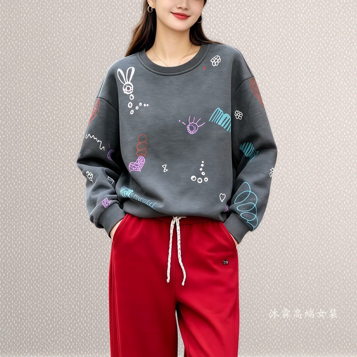 雅姿赏色珊瑚花2026秋冬新款上衣大码显瘦宽松修身百搭t恤衫94011