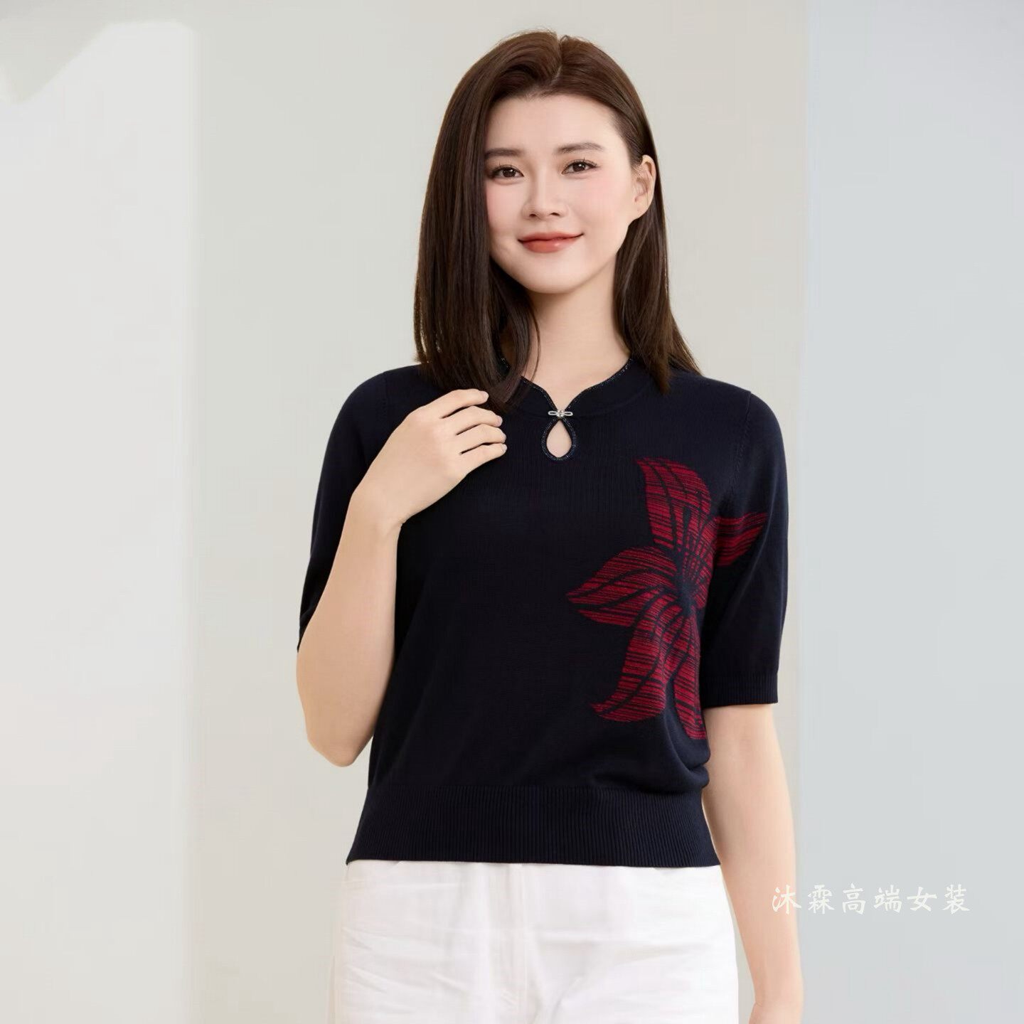 沐紫霖2026春夏季新款大码显瘦宽松莱赛尔天丝针织衫上衣t恤93393