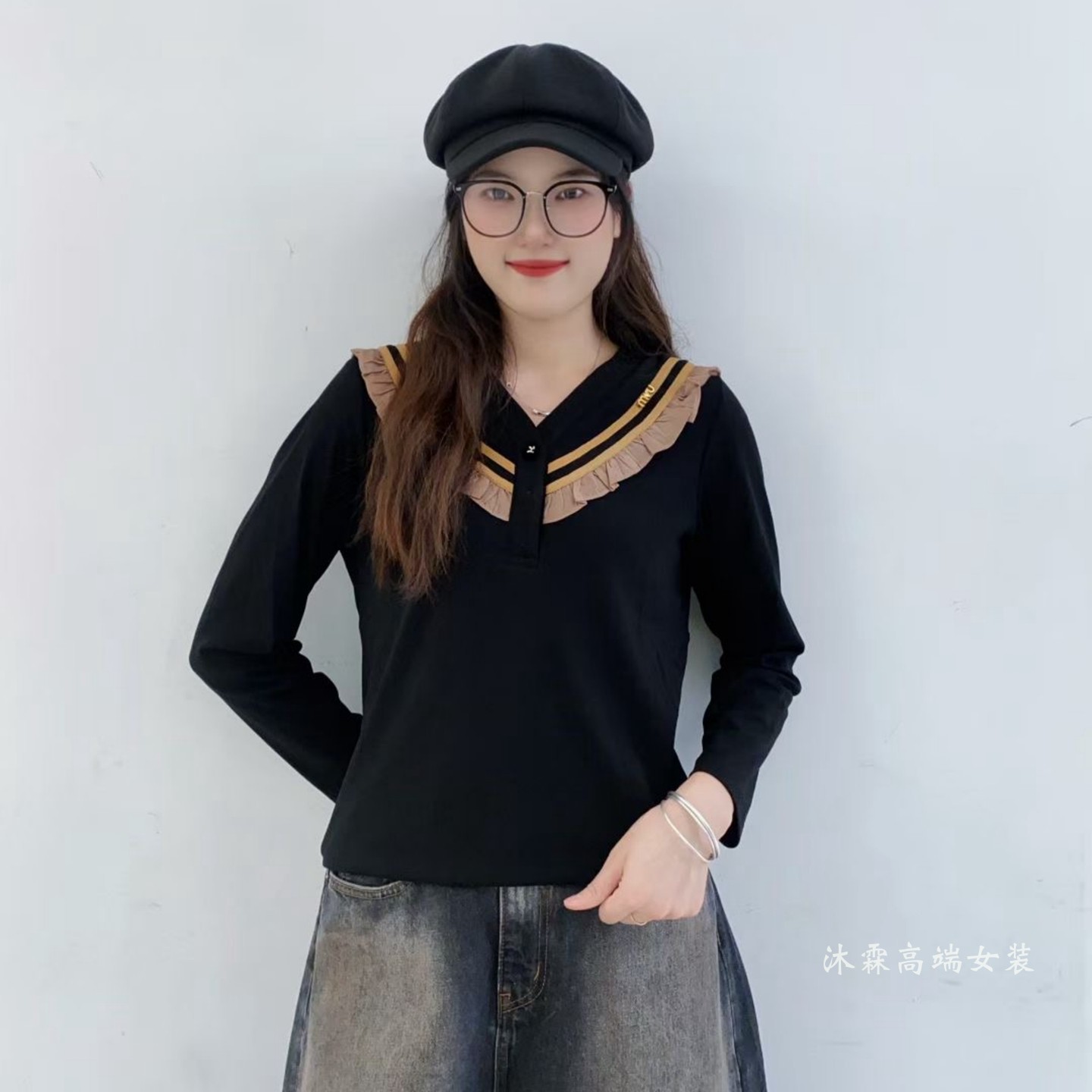 雅姿赏色珊瑚花2025秋冬新款上衣大码显瘦宽松修身百搭t恤衫42004