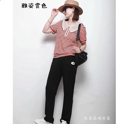 雅姿赏色珊瑚花2024夏季新款大码气质宽松T运动休闲两件套装81104