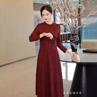 萱斐桠2025春秋冬新款时尚显瘦大码气质妈妈婚宴礼服连衣裙9685