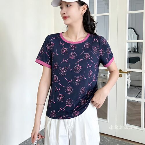 雅姿赏色珊瑚花2026夏季新款上衣大码显瘦宽松修身百搭t恤衫73033