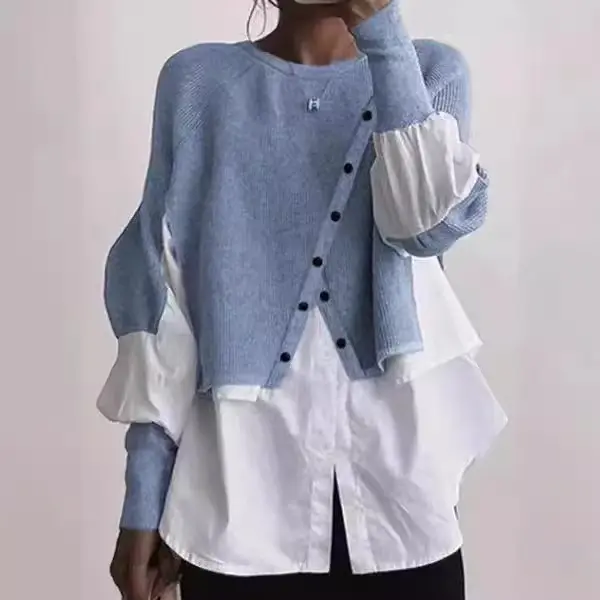 欧洲站亚马逊时尚春秋圆领针织毛衣拼接衬衫假两件气质外穿女