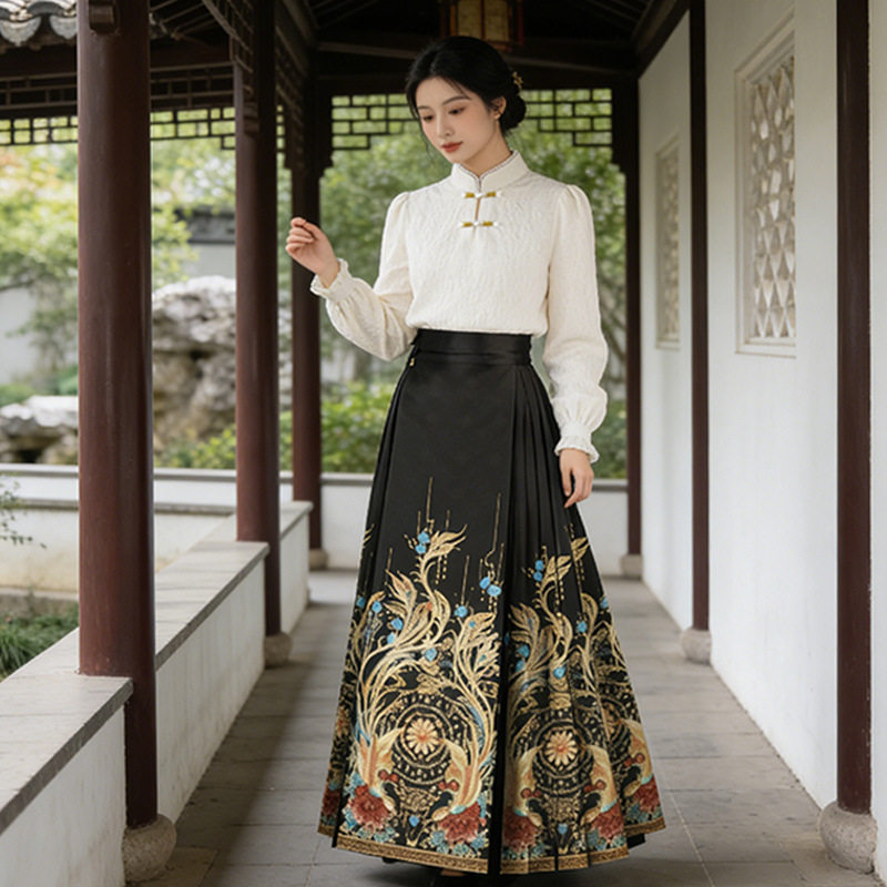 马面裙套装女新中式春夏季女大摆馬面百褶长裙半身裙【双凤和鸣】