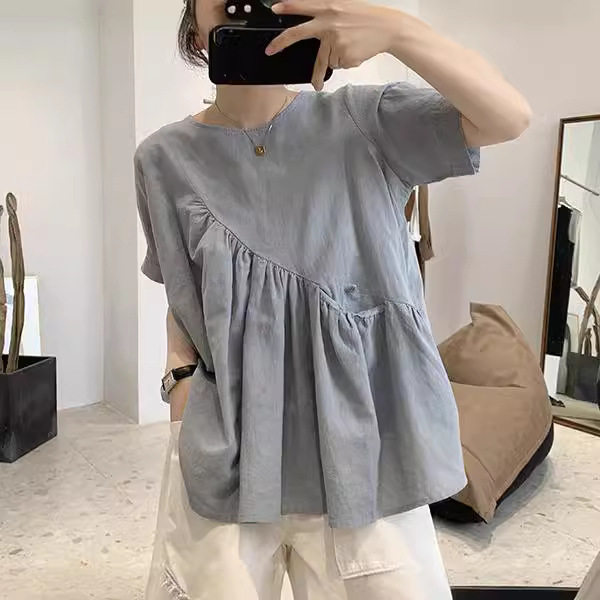 2026夏季宽松大码胖妹妹圆领小清新短袖娃娃衫不规则棉麻衬衫女