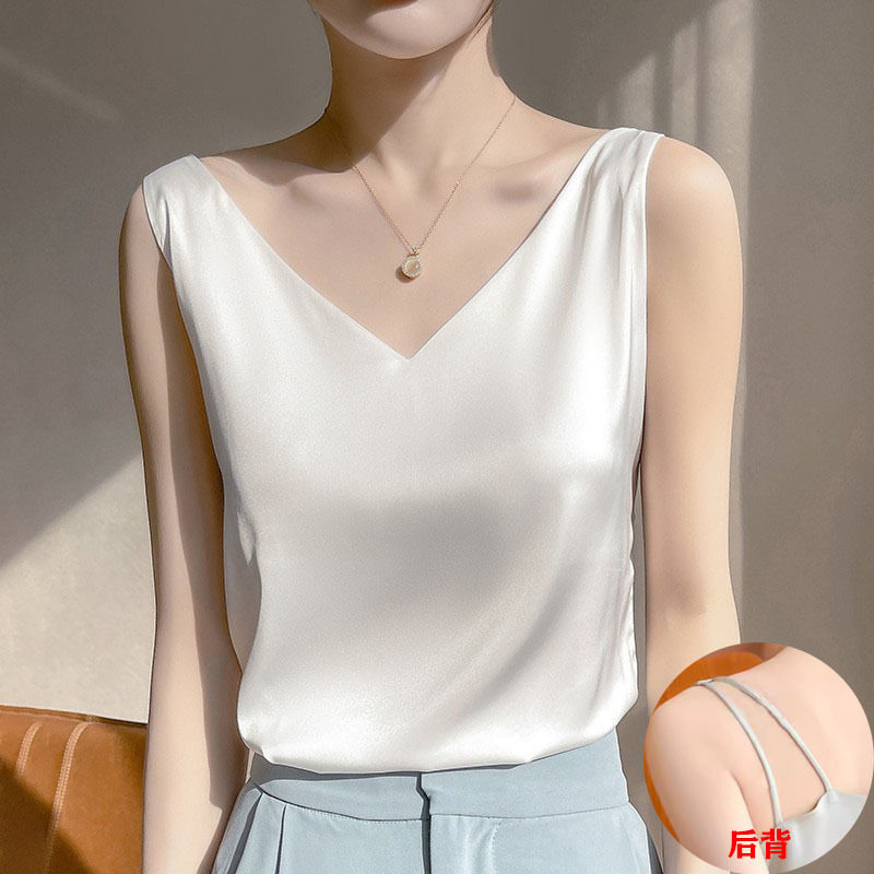 仿真丝吊带背心女内搭西装黑白色打底绸缎面桑蚕丝醋酸上衣夏v领