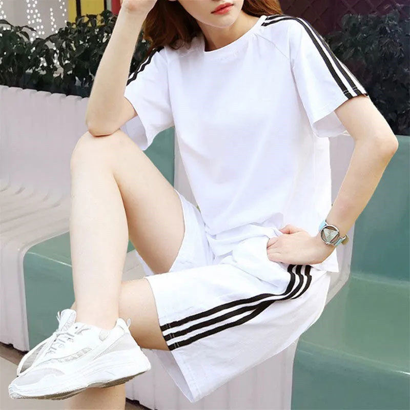 纯棉休闲运动服套装女夏季短袖短裤五分裤潮宽松三条杠跑步服