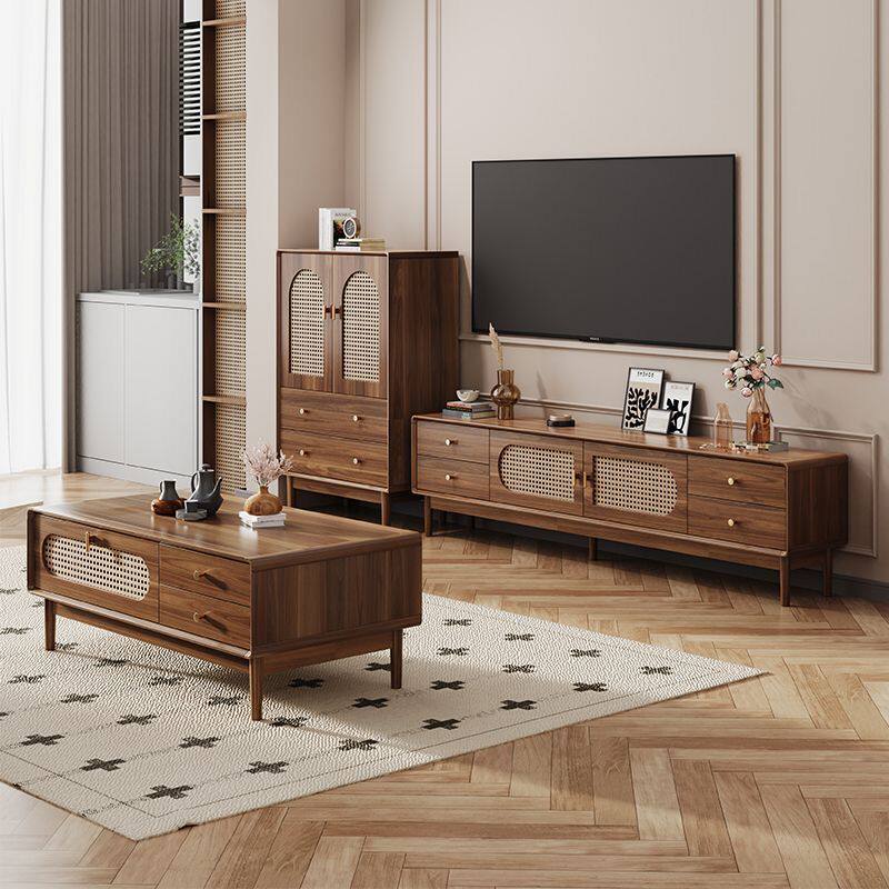 复古简约藤编电视柜中式北欧小户型实木框客厅家用茶几电视柜组合