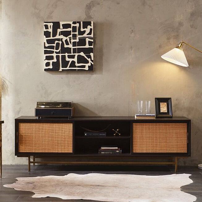 北欧中古复古做旧侘寂风实木橡木藤编电视机柜客厅地柜组合视厅柜
