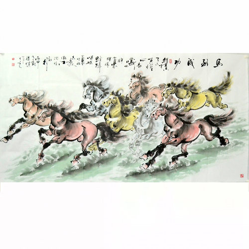 大六尺横幅八骏图马动物走兽字画客厅水墨画心办公室手绘风水梁健