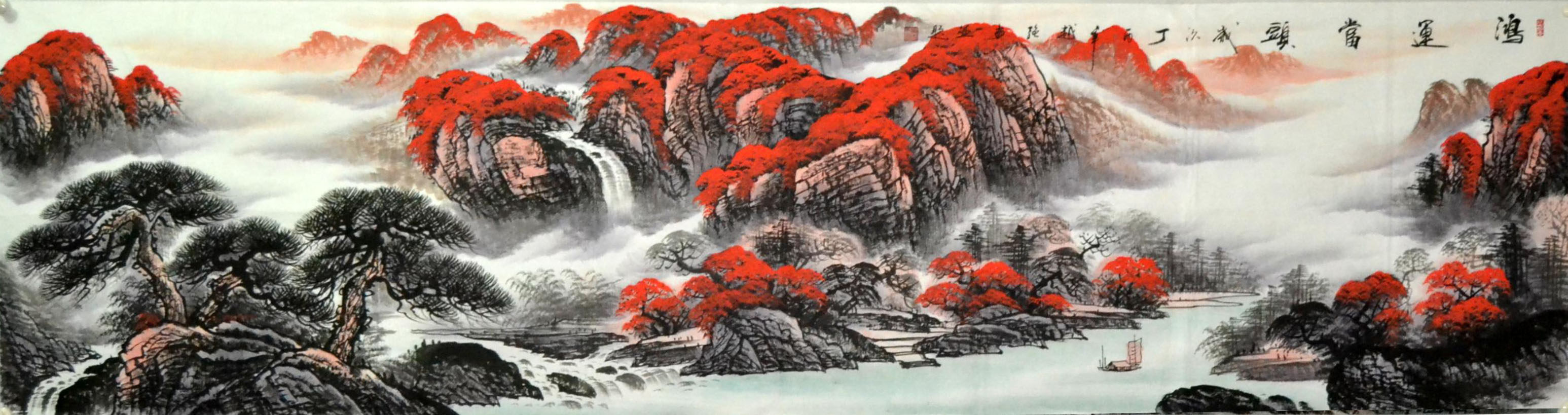 无款横幅纯手绘八尺对开春景鸿运当头国画山水画字画青绿客厅装饰