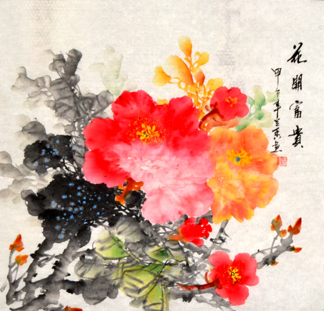 四尺三开国画卧室墙画挂画装饰客厅淡彩画心花鸟字画牡丹手绘原稿图片