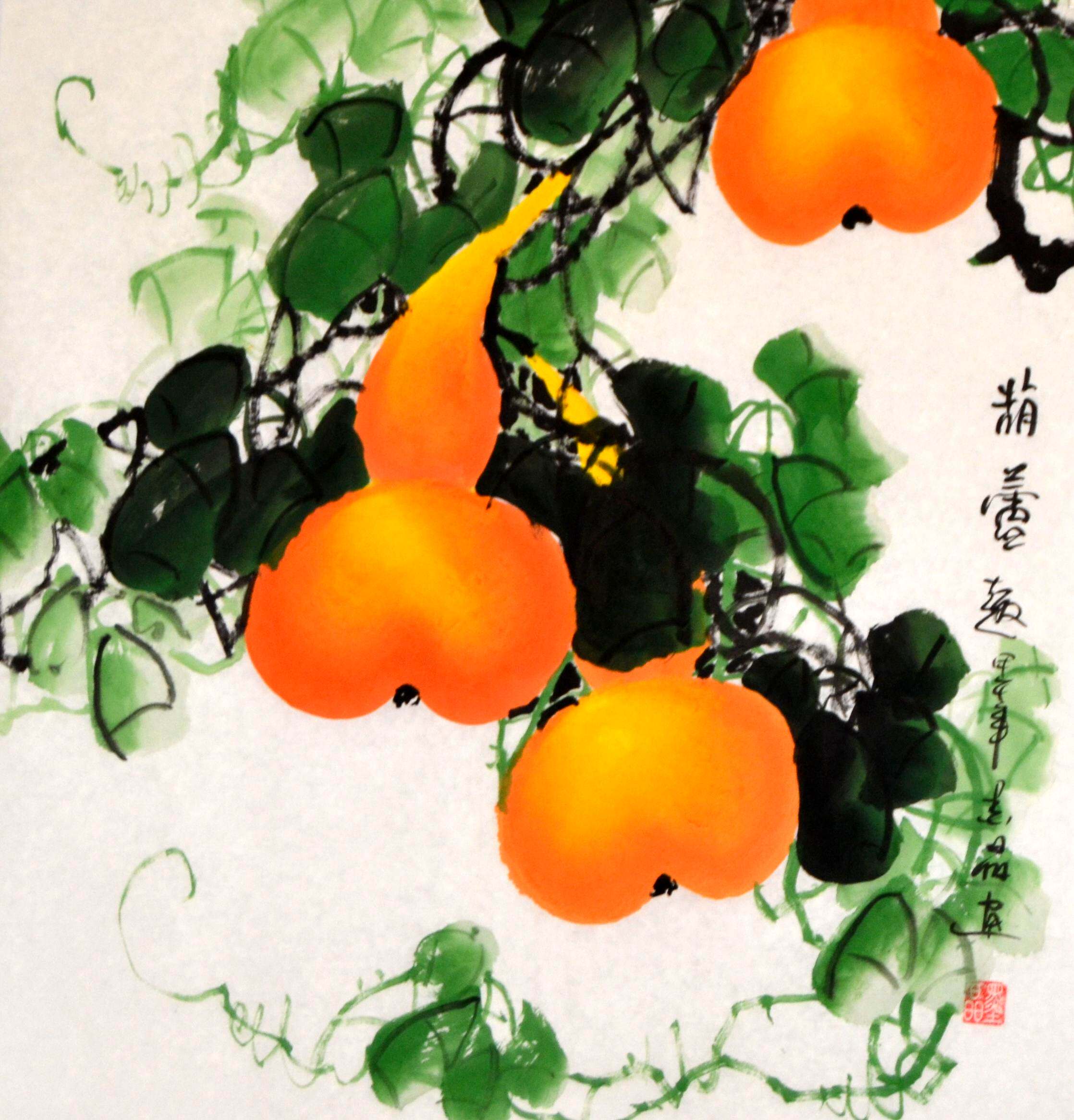 水彩挂画纯手绘福禄图三尺斗方葫芦国画花鸟字画原稿装饰客厅餐厅