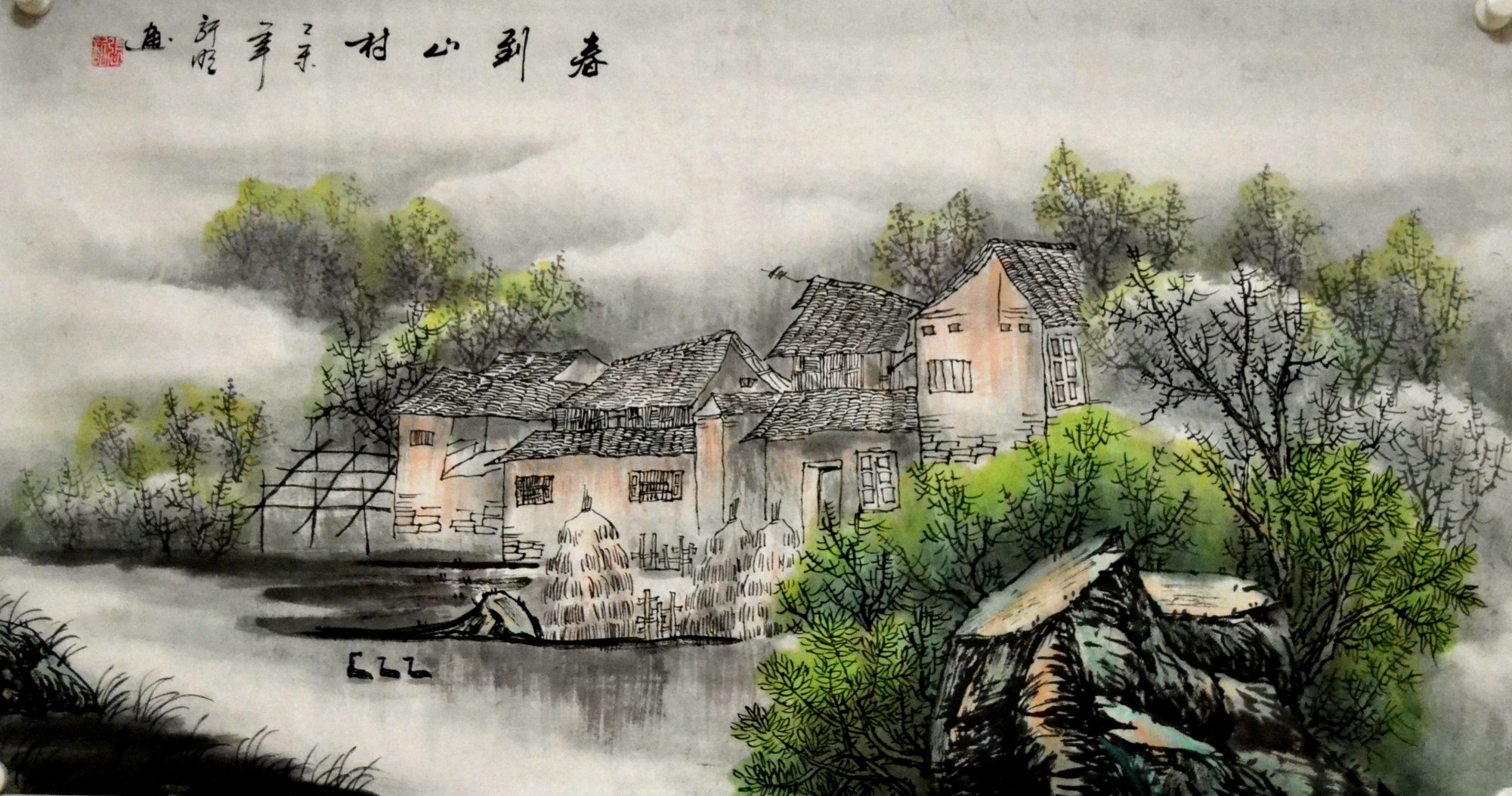 三尺陈武无款淡雅春景青绿国画山水客厅家居横幅字画装饰挂画手绘