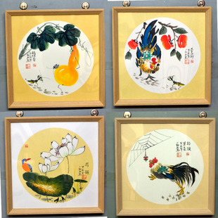 小品花鸟画成品带框国画手绘荷花葫芦柿子公鸡大吉图实木画框字画