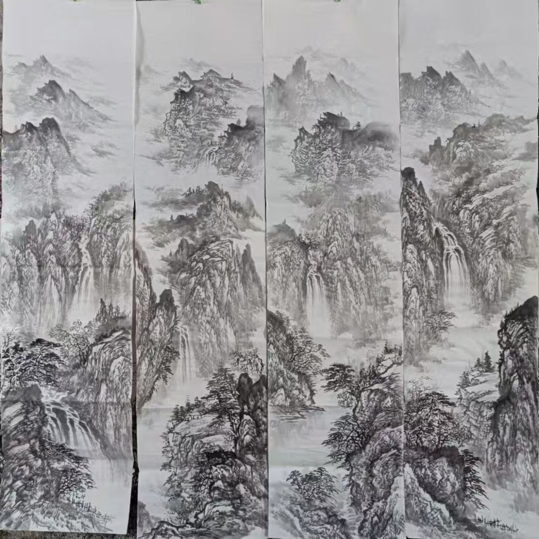 四尺对开四条屏水墨山水国画手绘装饰挂画客厅中式中堂背景沙发墙