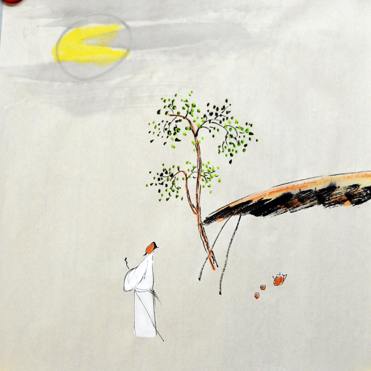 国画人物小品禅意手绘装饰茶室中式挂画无款背景墙画斗方写意画心