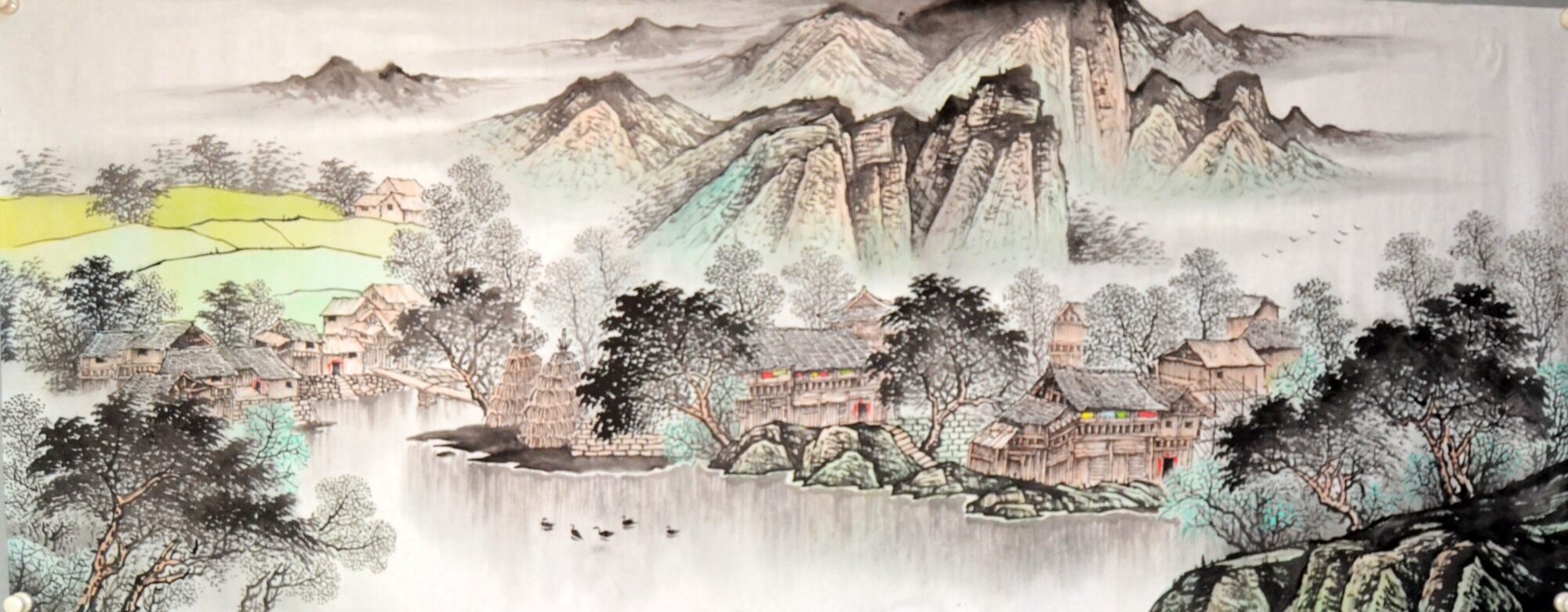 手绘无款风雨桥古寨客厅吊脚楼小六尺国画山水画风景装饰背景苗寨