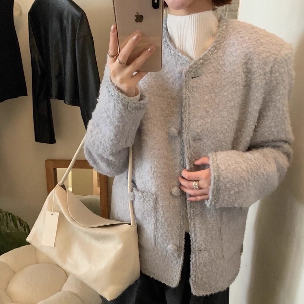 秋冬小香风编织毛呢外套女中长款内里羽绒加厚保暖气质羊毛大衣