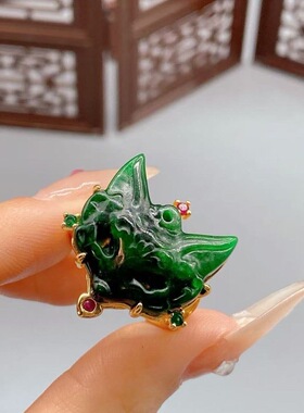 爆款翠绿色红翡色九尾狐戒指定制款女款戒子活口调节时尚潮流礼物