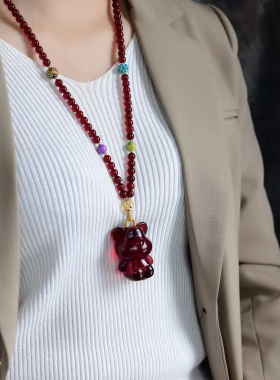 血珀暴力熊设计款毛衣珠链时尚设计款毛衣链小熊高46宽35厚30