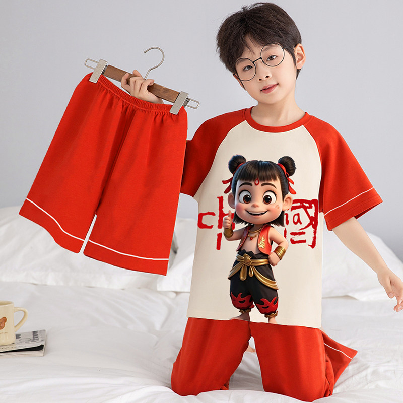 儿童睡衣三件套男孩夏季薄款哪吒空调服纯棉男大童家居服男童夏天